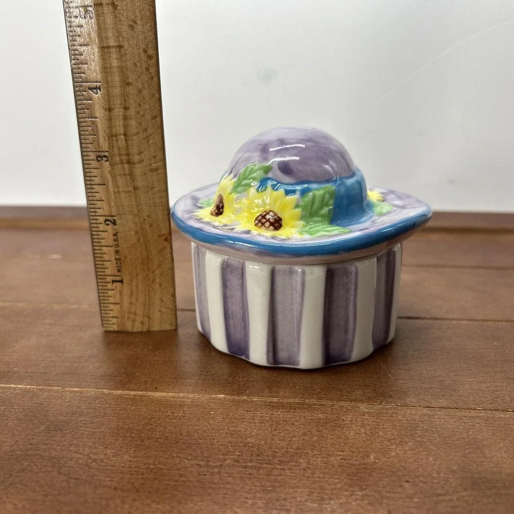 Sun Hat Garden Jewelry Trinket Box Yellow Sun Flowers‎ Purple White Stripes